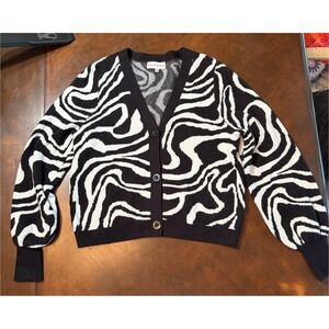 Willow & Wind Womens Zebra Swirl Knit Cardigan Sweater Black White V-Neck Medium